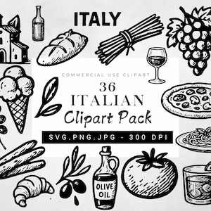 Italien Clipart Bundle SVG PNG JPG, handgezeichnete Illustrationen von mediterranen Speisen & Getränken, italienische Doodle Art für Partyeinladungen, Oliven Clipart