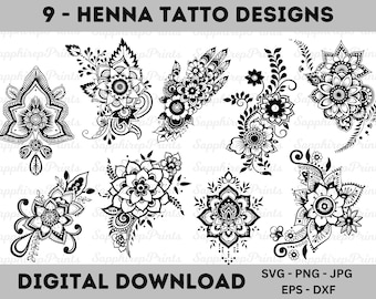 Henna Tattoo Designs, Mehndi Design In Black Svg Png, Mehndi Svg File, Henna Drawing Clipart, Floral Templates, Henna Flower Digital Design