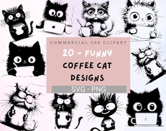 Funny Coffee Cat Svg clipart Bundle, Cat Drinking Coffee Svg, funny cat cartoon Clipart, Sarcastic Coffee Cat, crazy cat png, Cat Silhouette
