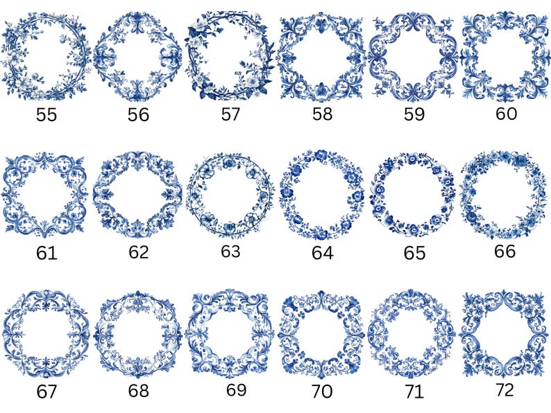 floral watercolor frame png set inspired by antique french toile patterns