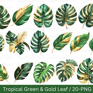 Pacchetto Clipart foglie tropicali verde e oro, foglia tropicale in lamina d'oro PNG Clip Art Graphics, foglie acquerello PNG, download digitale
