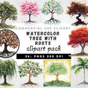 May include: Watercolor tree clipart pack featuring various tree illustrations with roots. The images showcase trees with green, pink, red, and brown foliage. The text "COMMERCIAL USE CLIPART" and "WATERCOLOR TREE WITH ROOTS clipart pack" are also visible.