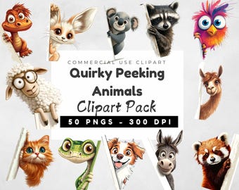 Quirky Peeking Animals Clipart Bundle, Humorous Whimsical Animal, Silly Animals PNG, Crazy Animal Clipart, Silly graphics illustration
