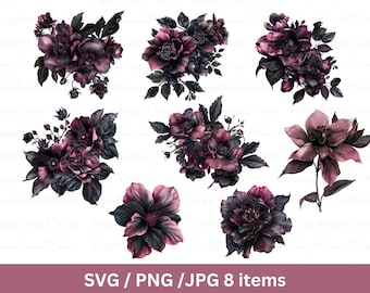 Watercolor Gothic Floral Clipart, Magical Gothic Flowers Clip Art, Dark Fairytale Fantasy PNG Digital Image Downloads, Dark Fantasy Clipart