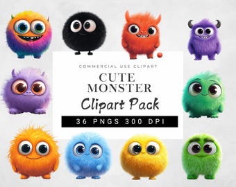 May include: A set of 36 cute monster clipart images in PNG format, with a resolution of 300 DPI. The monsters are colorful and fluffy, with big eyes and friendly expressions. They are perfect for adding a whimsical touch to your designs.