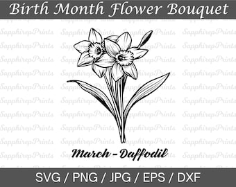 May include: A black and white line drawing of a daffodil flower. The flower is in bloom and has multiple petals. The drawing is on a white background with the text "March - Daffodil" and "SVG / PNG / JPG / EPS / DXF" below the flower.
