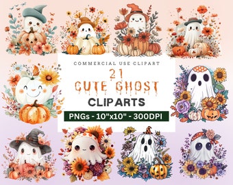 水彩画風ハロウィンゴーストクリップアート集 | かわいいレトロなゴースト、カボチャ、秋のPNG画像 | 不気味な秋の季節のクリップアートセット