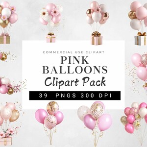May include: A set of 39 pink and gold balloon clipart images, perfect for adding a touch of elegance to your designs. The balloons are arranged in various bouquets, wreaths, and individual balloons. The images are high-resolution, 300 DPI, and perfect for commercial use.