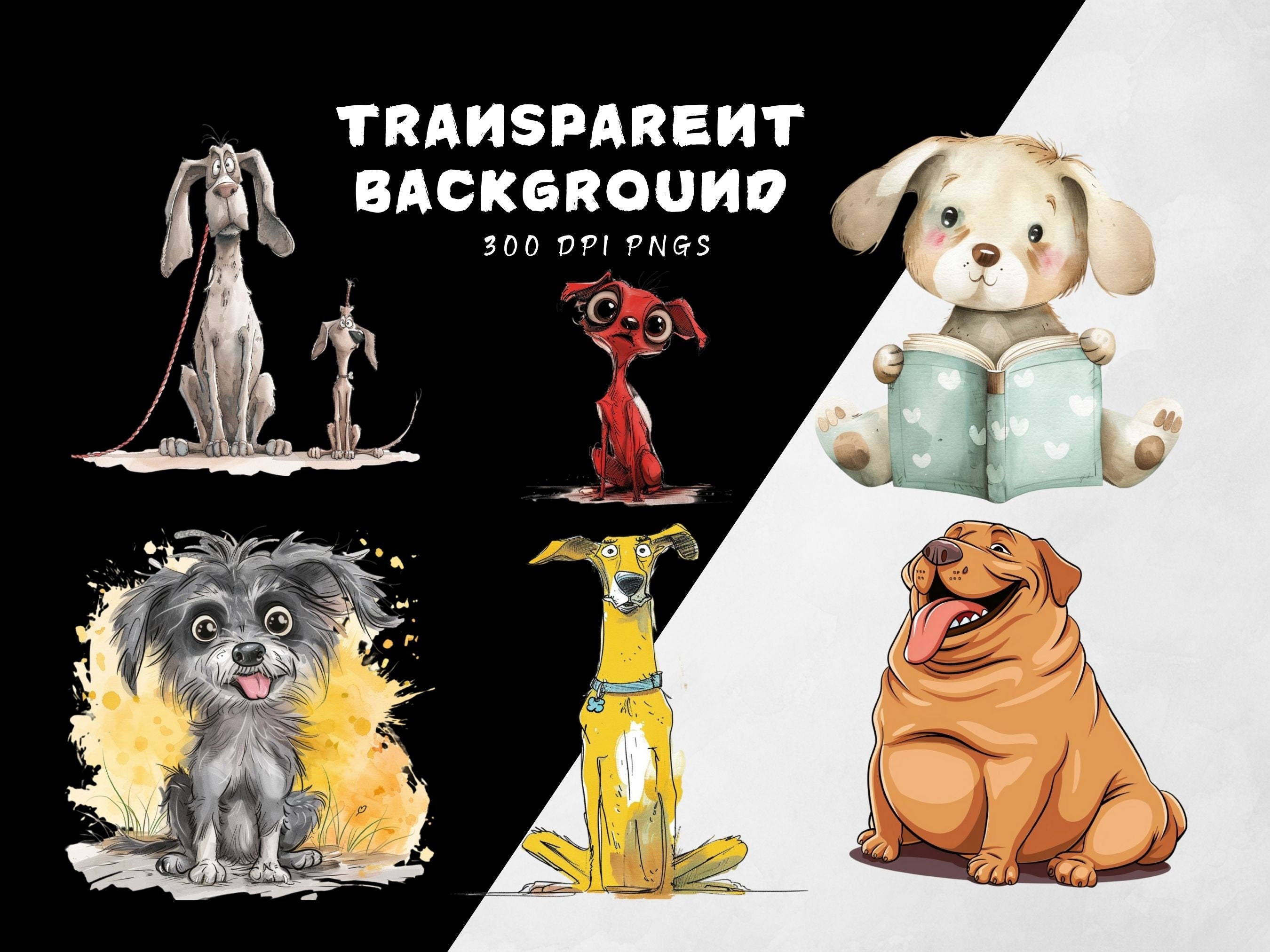 Quirky Dog Clipart PNG Bundle, Whimsical Dogs Art, Animal Puppy PNG ...