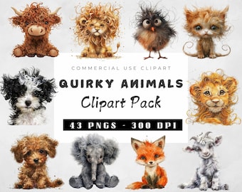 Watercolor Quirky Animals Clipart Bundle, Silly Baby Animals PNG, Crazy Animal Clipart,  Silly graphics illustration, High Resolution  PNG