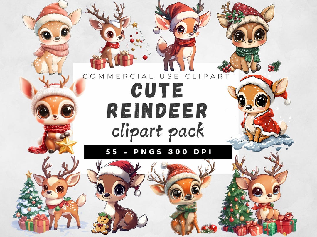 Cute Reindeer Clipart Bundle, Christmas Deer PNG, Watercolor Santa ...