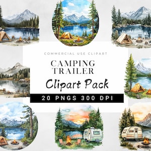Lot de cliparts aquarelle pour remorque de camping | PNG numériques sur le thème du voyage pour travaux manuels, journaux, scrapbooking et produits à imprimer
