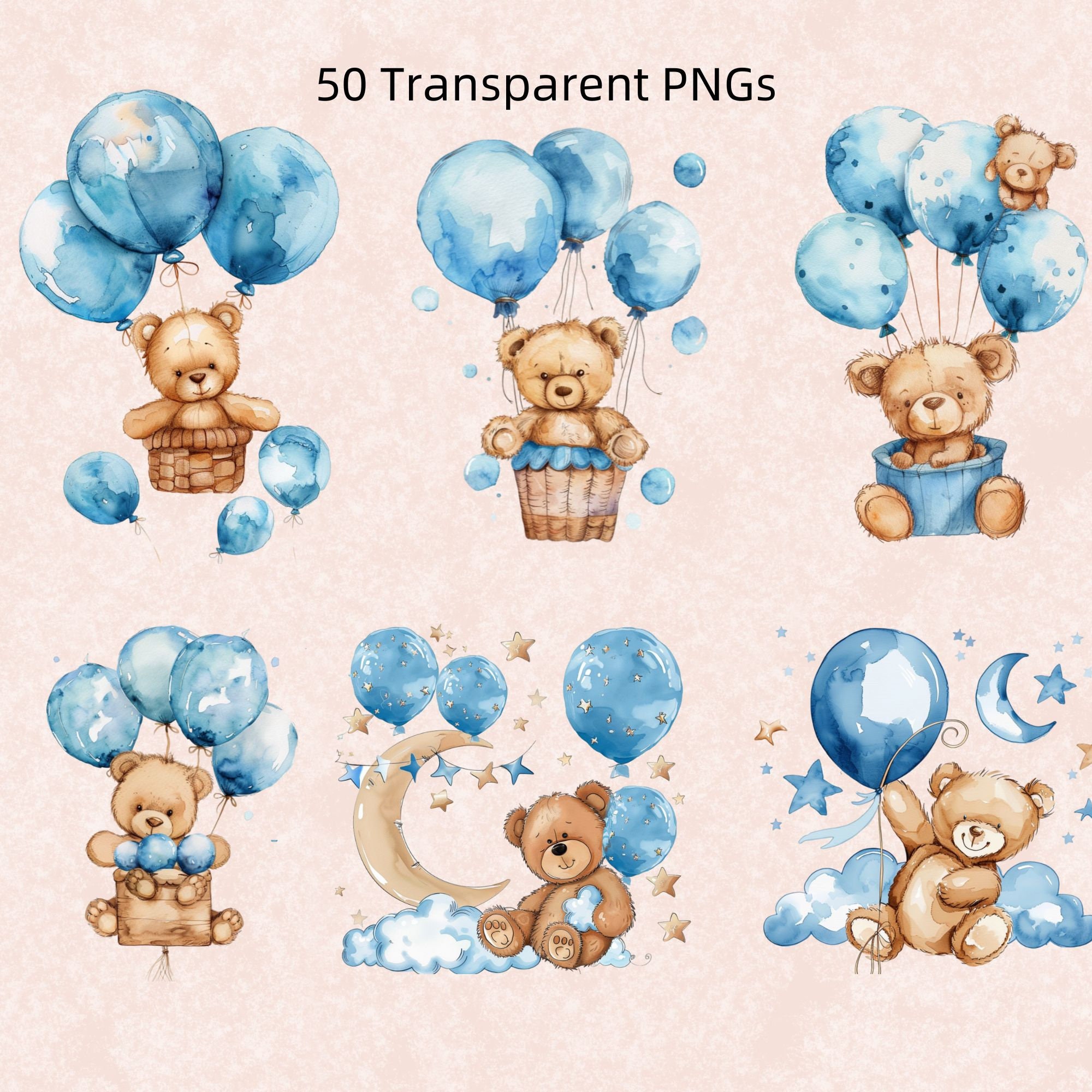 Teddy Bear and Blue Balloons Clipart Bundle, Baby Shower for A Boy ...