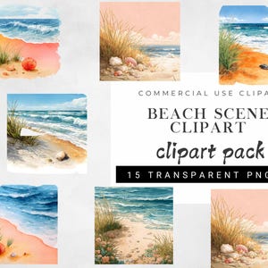 Strand Szene Clipart Bundle, Aquarell Ozean und Sand Elemente, Küste digitale Clip Art für Scrapbooking, Journaling, Instant Download