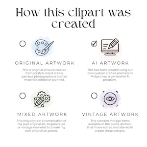 May include: A graphic with four illustrations showing different ways clipart can be created. The illustrations are labeled "Original Artwork", "AI Artwork", "Mixed Artwork", and "Vintage Artwork". Each illustration has a checkmark or circle next to it.