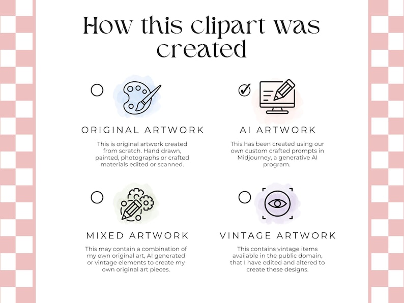 May include: A graphic with four illustrations showing different ways clipart can be created. The illustrations are labeled "Original Artwork", "AI Artwork", "Mixed Artwork", and "Vintage Artwork". Each illustration has a checkmark or circle next to it.