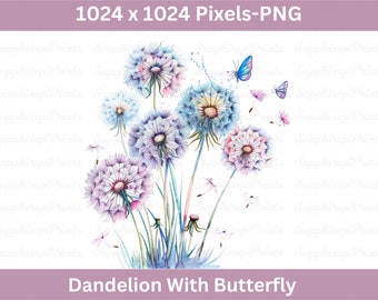 May include: Watercolor painting of a bouquet of purple and blue dandelions with a butterfly flying above them. The background is white.