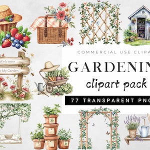 Pacote de clipart de jardinagem, jardim doméstico PNG, ferramentas de jardim vintage e ilustrações de plantadores, clipart botânico para convites e scrapbooking