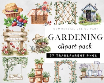 Zestaw clipartów ogrodniczych, ogród domowy w formacie PNG, ilustracje narzędzi ogrodowych i doniczek w stylu vintage, cliparty botaniczne do zaproszeń i scrapbookingu
