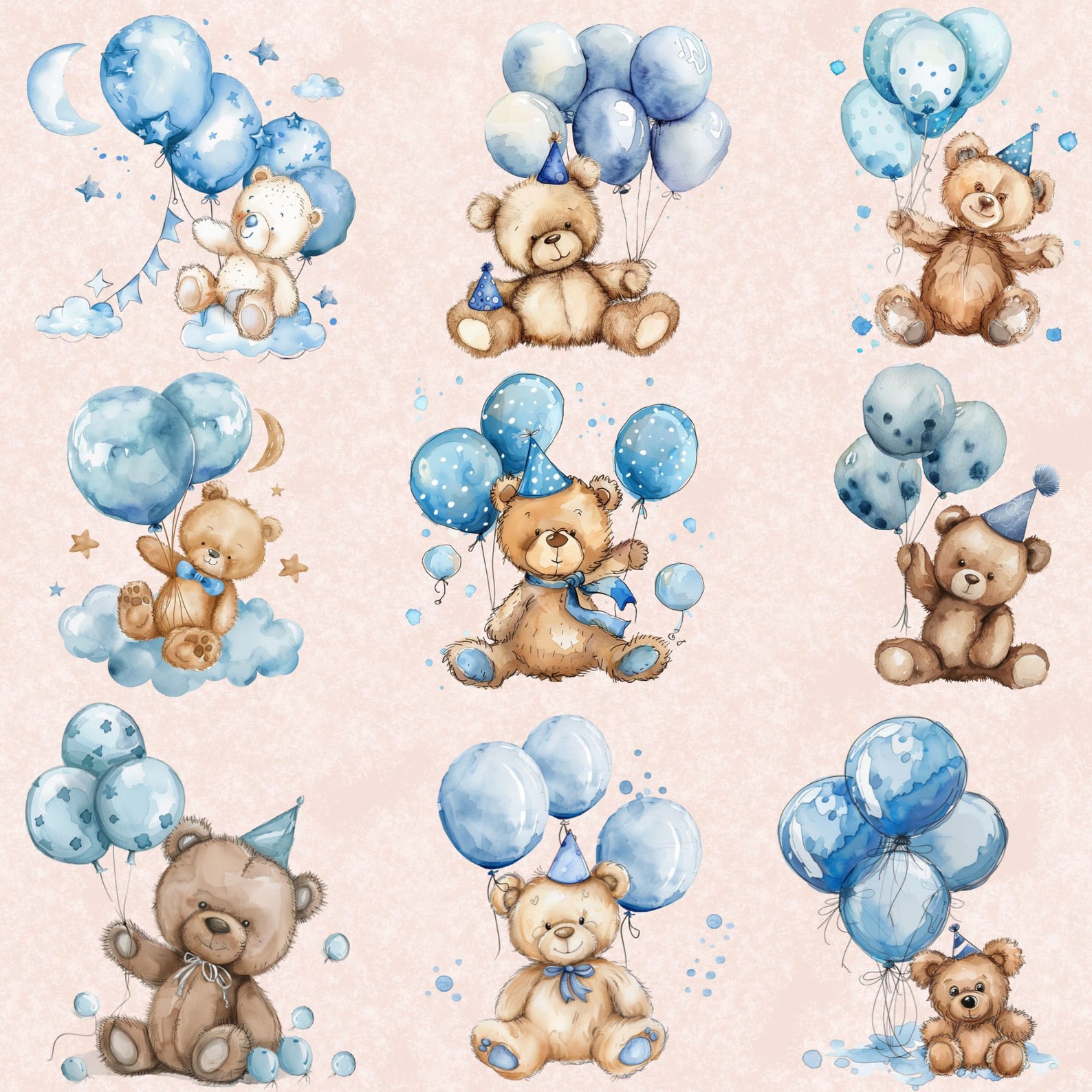 Teddy Bear and Blue Balloons Clipart Bundle, Baby Shower for A Boy ...