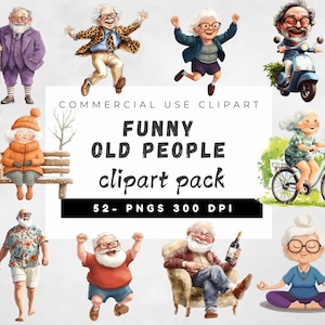 Bundle de cliparts drôle mignon personnes âgées, clipart drôle vieil homme ivre, personnes âgées originales PNG, art grand-mère grand-père, journal indésirable, papier numérique