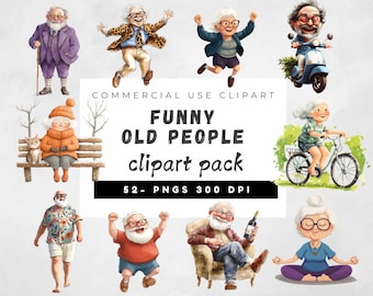 Funny Cute Old People Clipart Bundle, Funny Drunk Old Man clipart, Quirky Old People PNG, Grandma Grandpa Art, Junk Journal, Digital Paper
