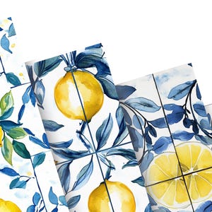 May include: Blue and white tile pattern with watercolor lemons and leaves. The tiles are arranged in a grid pattern.