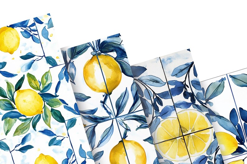 May include: Blue and white tile pattern with watercolor lemons and leaves. The tiles are arranged in a grid pattern.