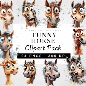 Horses Clipart Bundle, Quirky Horse Clipart, Cartoon Style Horse Png, Horse lover Png, Wide Eyes And Funny Expression PNG, Horse Head PNG
