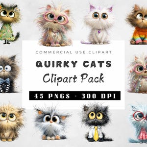 Watercolor Whimsical Cat Clipart Bundle | Quirky Messy Hair Cats | Funny Cat PNGs for Scrapbooking, Junk Journals & Paper Crafts