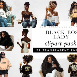 Paquete de imágenes prediseñadas de mujeres negras en acuarela / 21 ilustraciones PNG de mujeres ambiciosas / Gráficos de mujeres emprendedoras empoderadas / Conjunto de arte digital