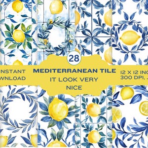 Aquarelle citron clipart, motif sans couture de carreaux méditerranéens, motifs de carreaux de céramique, ensemble de textures, motif répétitif, papier de scrapbooking