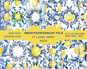 Watercolor Lemon clipart, Mediterranean Tile Seamless Pattern, Ceramic Tile Patterns, Texture Pack, Repeating Pattern, Scrapbook Paper