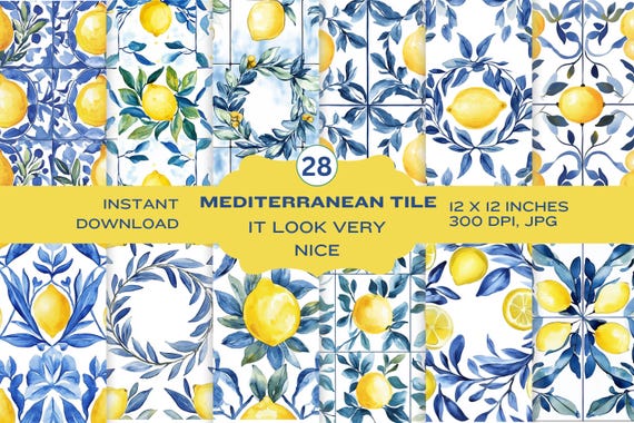 Watercolor Lemon clipart, Mediterranean Tile Seamless Pattern, Ceramic Tile Patterns, Texture Pack, Repeating Pattern, Scrapbook Paper