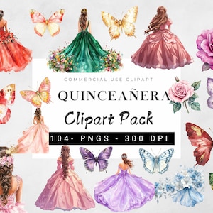 QUINCEANERA BLOEMEN & vlinder Clip art, Quinceaneras princesse clipart, Quince Años DIY uitnodigingselementen, bruiloft uitnodiging clipart