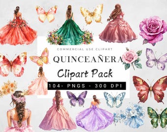 QUINCEANERA FLOWERS & Butterfly Clip art, Quinceaneras princesse Clipart, Quince Años DIY Invitation Elements, Wedding Invitation Clipart