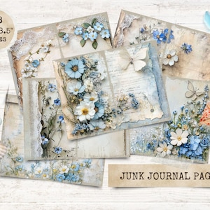 Diário de lixo Serenity para impressão, kit de diário de lixo floral azul, kit de papel antigo, folha de colagem, diário de flores silvestres, papel de scrapbook digital