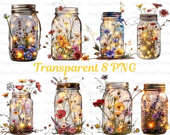 Mason Jar Clipart, Mason Jar Floral Clipart, Wildflower Bouquets Summer Wedding PNGs, 8 Flowers in a jar Png, Wildflower Clipart
