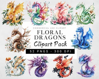 Paquete de imágenes prediseñadas de dragones de fantasía en acuarela, 50 dragones florales oscuros y mágicos PNG, cuento de hadas mágico, manualidades de papel, diario basura, álbumes de recortes