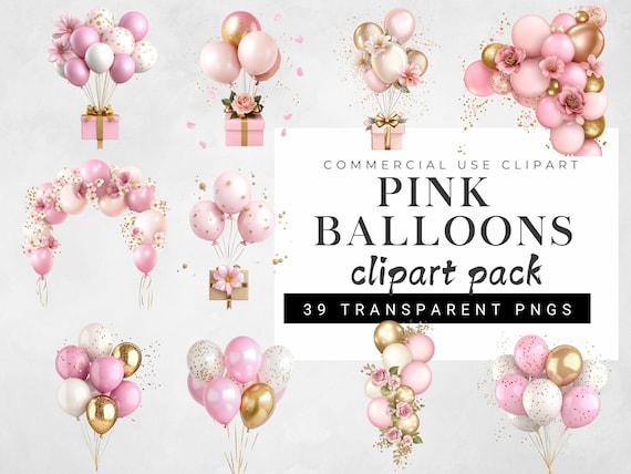 Pink and Gold Balloons with Flowers Clipart, Glitter Balloon PNG, Party Balloons Clipart, Wedding Balloon PNG, Birthday Balloon Clipart