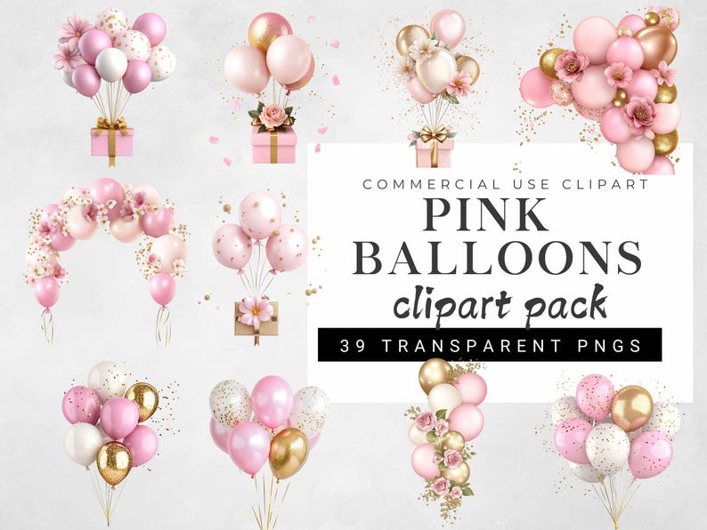 May include: A set of 39 pink and gold balloon clipart images. The balloons are arranged in various bouquets, arches, and clusters. The clipart is perfect for adding a touch of elegance to your digital designs.