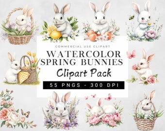 Paquete de imágenes prediseñadas de conejito de primavera, 55 imágenes prediseñadas de conejito de Pascua, 11 patrones florales sin costuras, imágenes prediseñadas de primavera para guardería, canasta de Pascua Png, conejo Png