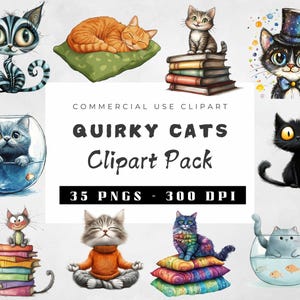 Watercolor Quirky Cat Clipart Bundle, Funny Kitten Clipart, Whimsy graphics Funny elongated illustrations, Silly graphics illustration