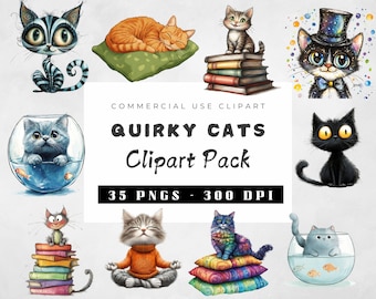 Watercolor Quirky Cat Clipart Bundle, Funny Kitten Clipart, Whimsy graphics Funny elongated illustrations, Silly graphics illustration