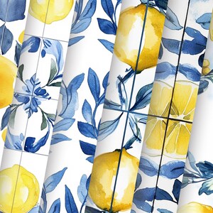 May include: Watercolor tile pattern featuring blue leaves and yellow lemons on a white background. The pattern is repeated across multiple tiles.