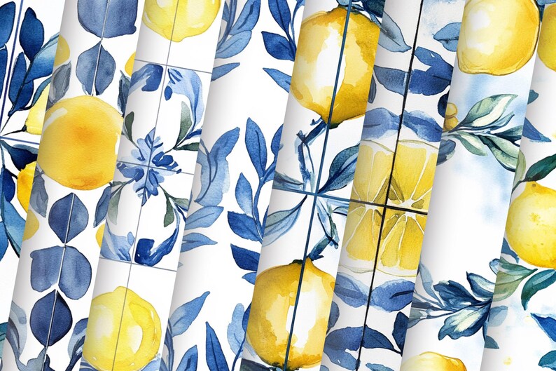 May include: Watercolor tile pattern featuring blue leaves and yellow lemons on a white background. The pattern is repeated across multiple tiles.