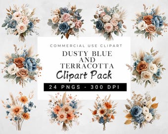 Dusty Blue and Terracotta Floral Watercolor Clipart, Burnt Orange PNG Flowers for Wedding, Scrapbooking & Crafts