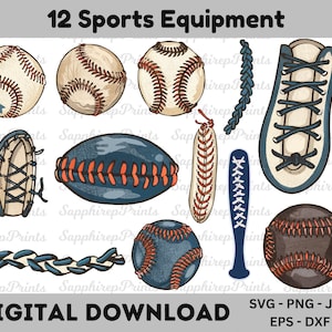 May include: A set of 12 digital clipart images of sports equipment, including baseballs, bats, cleats, and catcher's mitts. The images are in a cartoon style with a vintage color palette.