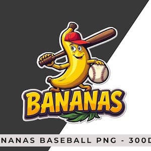 Drôle banane jouer au baseball PNG, aller bananes Baseball Clipart, téléchargement numérique sur le thème du baseball, conception de mascotte de sport mignon