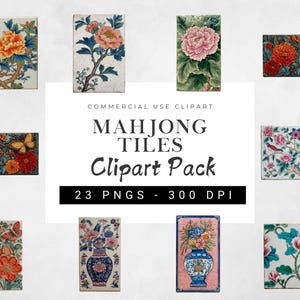 Mahjong Clipart PNG Bundle, Watercolor Mahjong Tiles & Floral Chinoiserie Art, Seamless Pattern Set, Wedding and Craft Design Elements